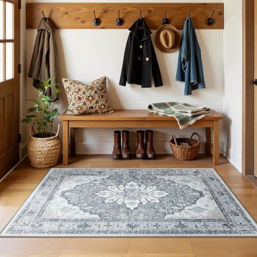 RELEANY Washable Area Rug, 3'x5', Grey/White/Beige