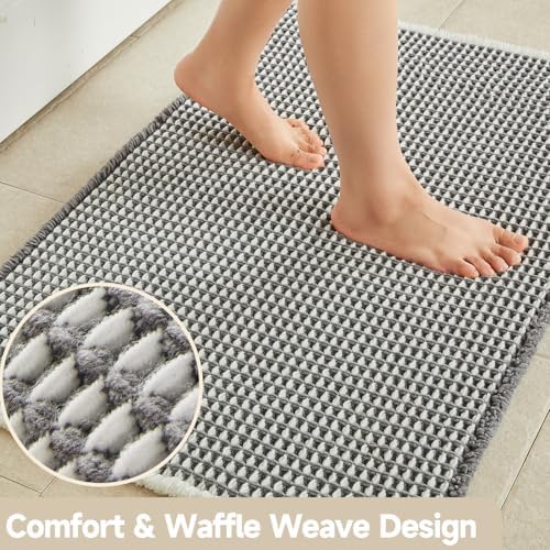 TYUU Waffle Bath Mat, Boho Bathroom Rugs Non Slip, 48x24 Grey & White