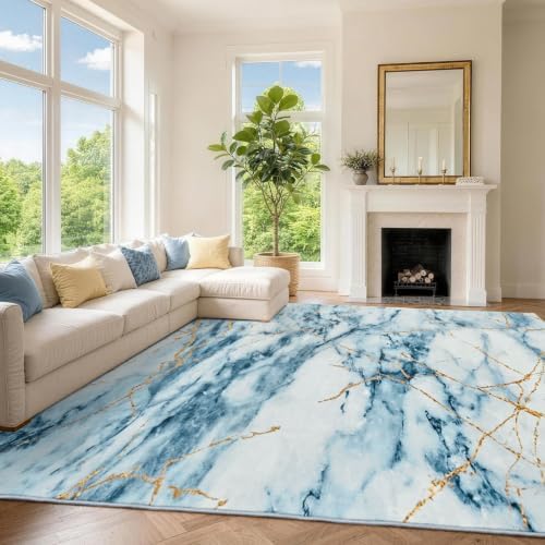 6x9 Washable Non-Slip Area Rug for Living Room (Gold Blue)