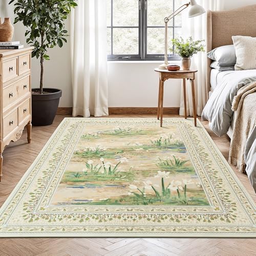 Lessymo 5 x 7 Washable Area Rugs for Living Room,Soft Non Slip Beige Sage