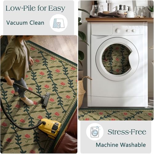 Front Door Mat Outside Entrance, 2x3 Green Brown Floral Trellis Rug