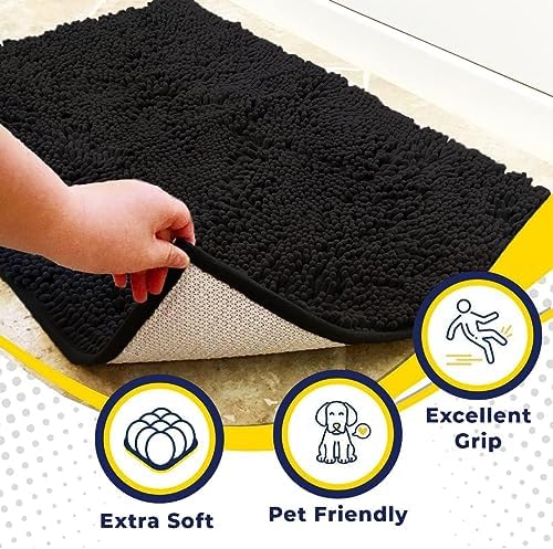 Muddy Mat® | Super Water Absorbent Door Mat Indoor, Microfiber Quick Dry Chenille Entryway Rug, Slip Resistant Front Door Mat, Indoor Mats for Entryway, Machine Washable Pet Rug, Black 36"x60"