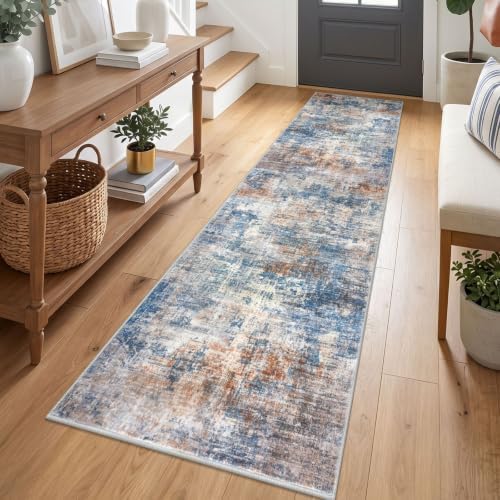 IOHOUZE Abstract Runner Rug 2x7 Ft Washable Runners for Hallways, Non Slip Kitchen Runner Printed Faux Wool Entryway Runners Indoor, Modern Abstract Floor Carpet for Hall Kitchen Bedroom, Blue Rust
