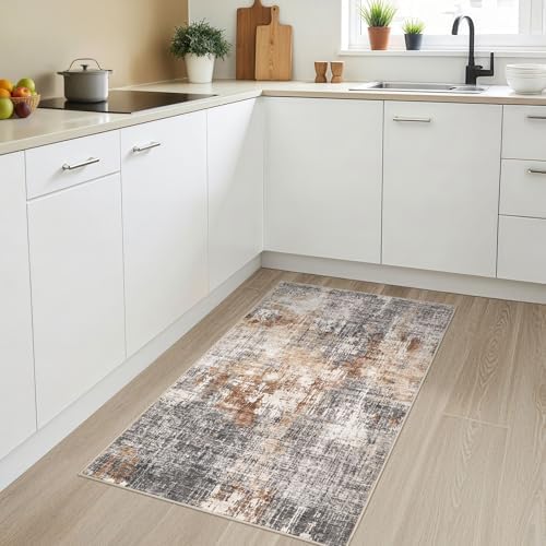 DMOYEST Washable Area Rug: 3x5 ft Abstract Small Rugs for Entryway Kitchen Living Room Bedroom - Non Slip Modern Neutral Carpet Indoor Front Door - Grey Brown