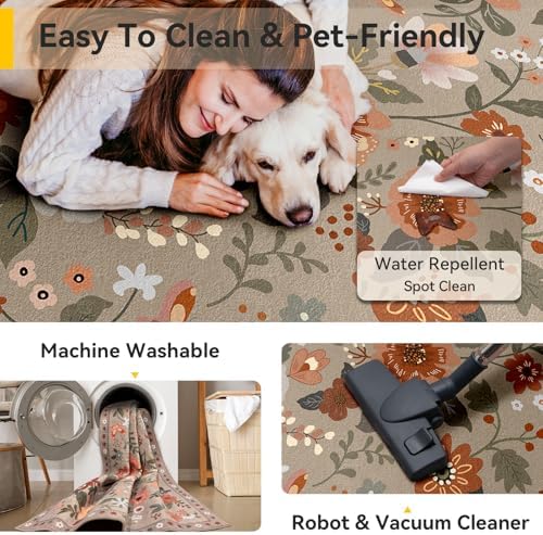 RELEANY Floral Washable 9x12 Area Rugs Brown/Brick