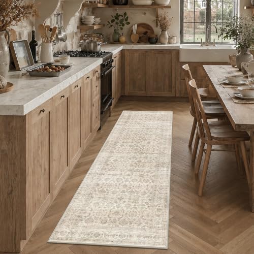 JOOJA 2'6"x8' Vintage Boho Runner, Beige Washable Non-Slip Long Hallway Rug