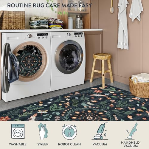 Lahome Washable Insect Botanical 3x5 Area Rugs for Entryway - Machine Washable Non-Slip Kitchen Rugs, Black Boho Low Profile Soft Faux Wool Indoor Door Mat for Bedroom, Bedside, Bathroom, Laundry