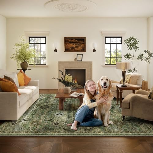 Washable Area Rugs for Living Room: 9x12 Rug Boho Vintage Rugs Stain Resistant Non Slip Low Pile Lightweight Soft Carpets for Bedroom Kitchen Dining Room Nursery Kids Room Farmhouse Home Office