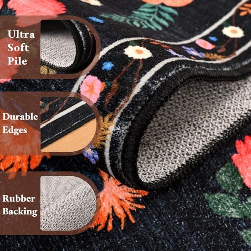 Macgace Floral Area Rug for Hallway, Washable 2x8 Black Runner Rugs