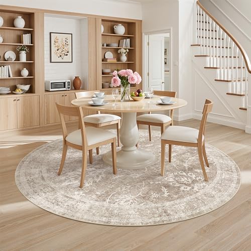 Madane Washable Round Rug 8ft for Living Room, Soft Neutral Rug Brown/Sand