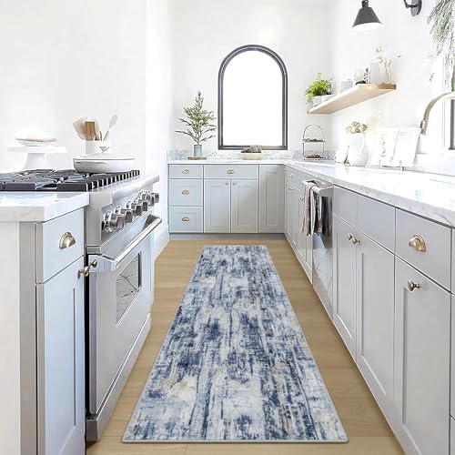 2'6''x8' Runner Rugs Washable Rug: Modern Abstract Hallway Blue Gold Carpet