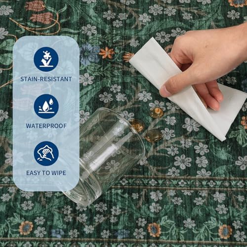GarveeHome 6x9 Washable Area Rug for Living Room, Floral Dining Room Rugs for Under Table, Low Pile Non-Slip Stain Resistance Floor Carpet for Bedroom, Dark Green