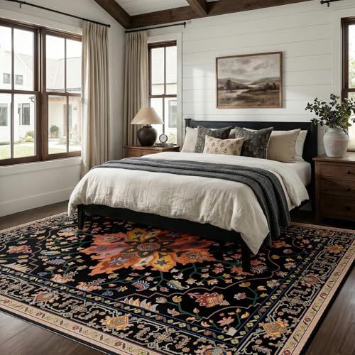 RELEANY Washable Area Rug, 7'x10', Black/Colorful