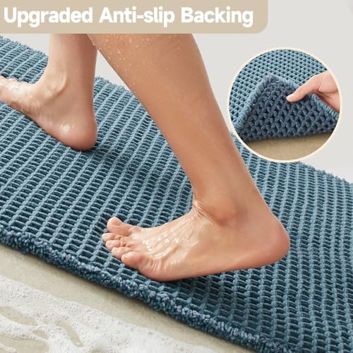 TYUU Waffle Runner Rug Bathroom, Long Boho Bath Mat, 60x24 Denim Blue