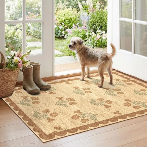 Floral Outdoor Rug - 28" x 43" Front Door Mat Indoor Outside Entrance Non-Slip Washable Outdoor Mat Jute-Look Tan Scalloped Rug for Entryway Kitchen Mudroom Layered Doormat for Front Porch