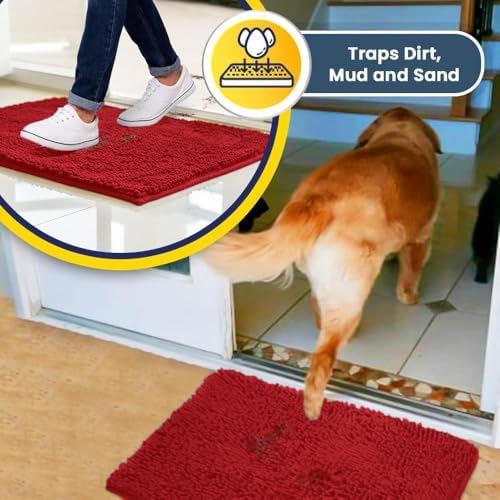 Muddy Mat® | Super Water Absorbent Door Mat Indoor, Microfiber Quick Dry Chenille Entryway Rug, Slip Resistant Front Door Mat, Indoor Mats for Entryway, Machine Washable Pet Rug, Red 32" x 70"