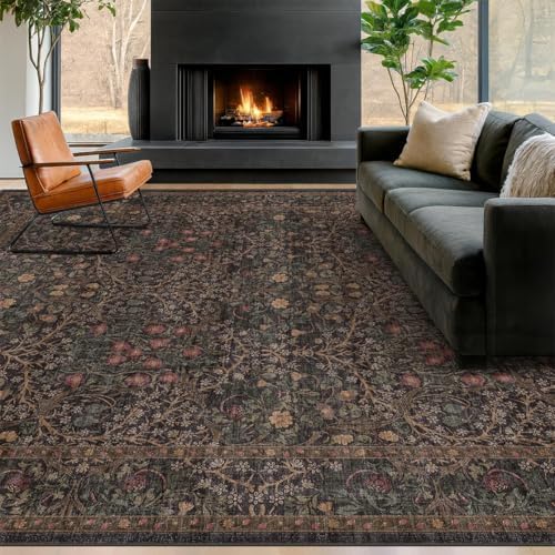 Vintage Dark Brown Living Room Rug, 7x10 Washable Area Rugs for Dining Room Under Table, Bedroom, Oriental Low Pile Stain Resistant Non-Slip Thin Soft Carpet