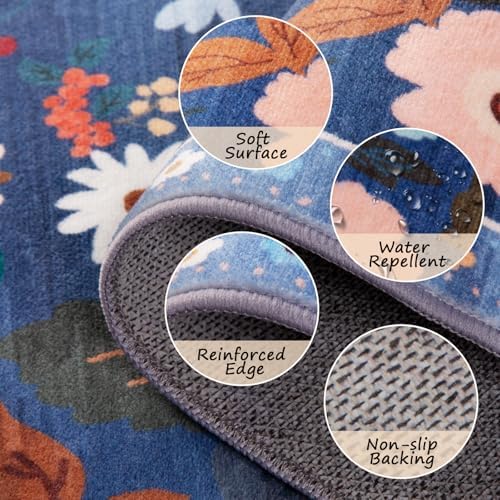 Floral Washable 2x4 Area Rugs Runner Entryway Hallway Blue/Grey