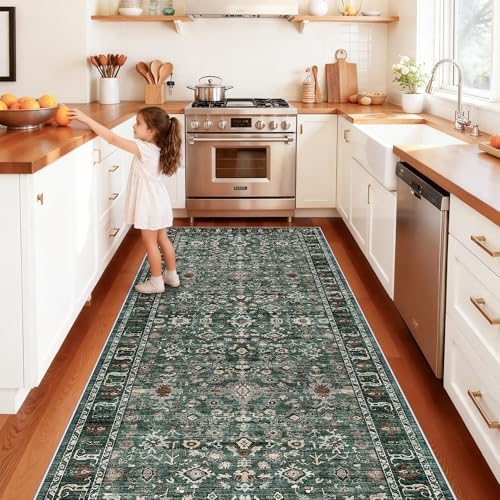 Washable Hallway Runner Rug 4x12: Green 12ft Runners for Hallways Non Slip