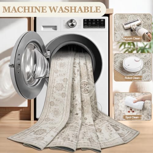 4x6 Washable Area Rugs for Bedroom Beige White Non-Slip Rug