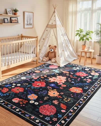 Macgace Floral Area Rug for Living Room, Machine Washable 6x9 Black Rugs