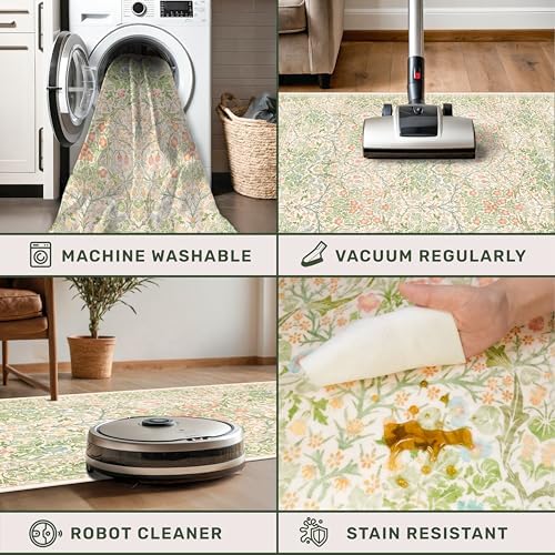 Beige Green Washable 2x8 Rug Runner Non Slip for Kitchen, Bathroom, Hallway