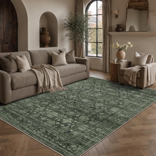 JOOJA 5x7 Dark Green Vintage Washable Soft Low Pile Living Room Area Rug