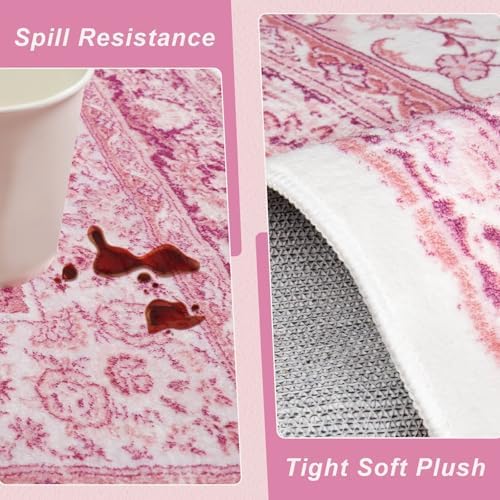 Macgace Washable Vintage Area Rug for Bedroom, 4x6 Cute Rugs Bright Pink