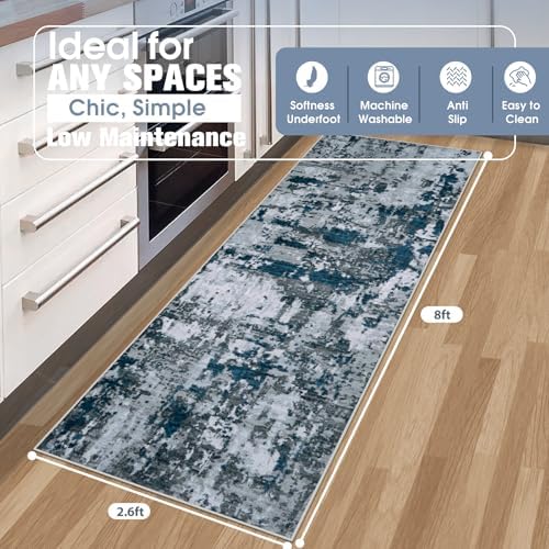 Aelenmu Runner Rugs for Hallways Kitchen 2.6x8 Non Slip Washable Navy Grey