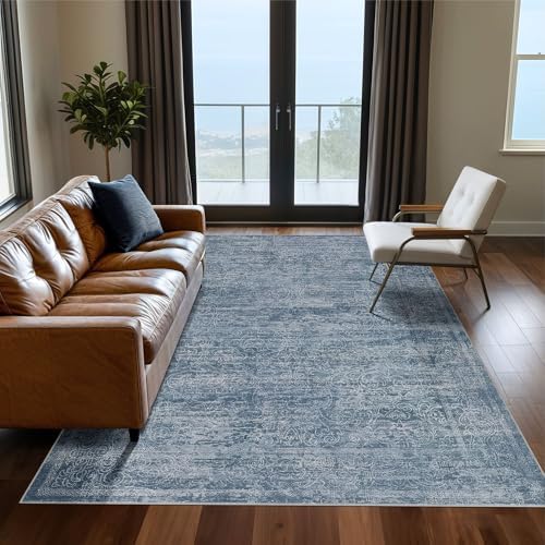 DMOYEST Area Rug Living Room Rugs - 5x7 Large Soft Indoor Neutral Modern Abstract Low Pile Washable Rug Carpet for Bedroom Dining Room Farmhouse Home Office - Dark Blue