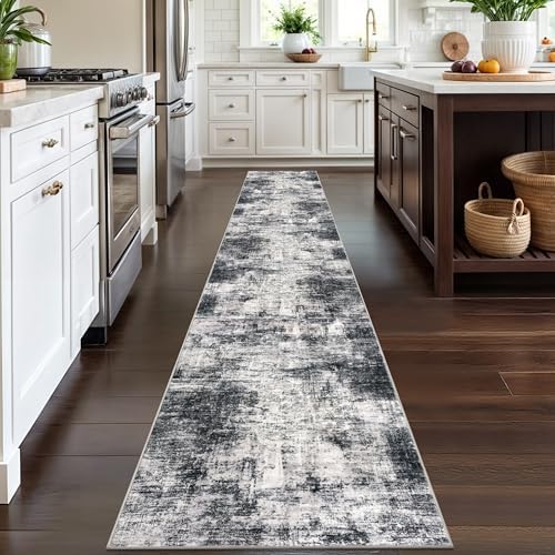 IOHOUZE Abstract Runner Rug 2x12 Ft Washable Runners for Hallways, Non Slip Kitchen Runner Printed Faux Wool Entryway Runner Indoor, Modern Abstract Floor Carpet for Hall Kitchen, Black Grey