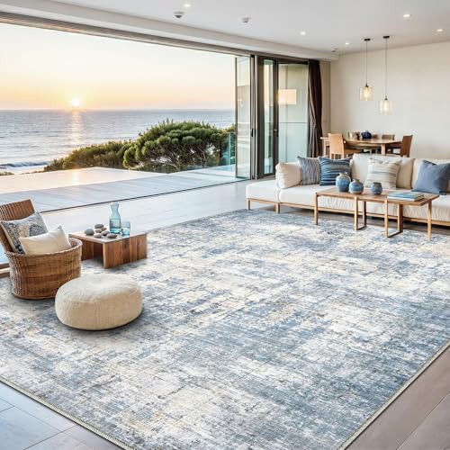 8x10 Area Rugs Washable Abstract Rug for Living Room Bedroom Blue