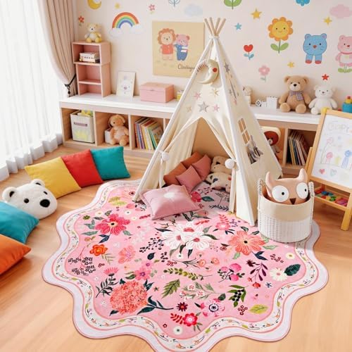 Macgace Floral Round Rug for Girls Bedroom, Washable 5ft Pink Area Rugs
