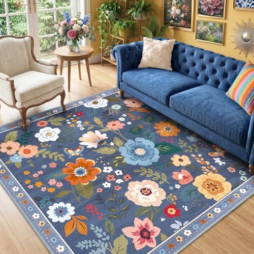 RELEANY Floral Washable Square 6ft Area Rug Blue/Grey