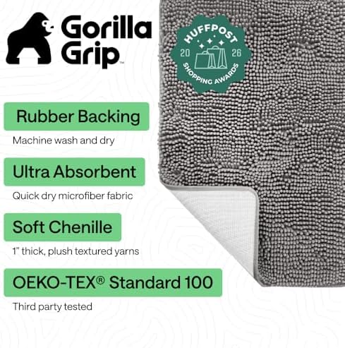 GORILLA GRIP Bath Rug Mat for Bathroom, Absorbent Chenille, 42x24 Gray