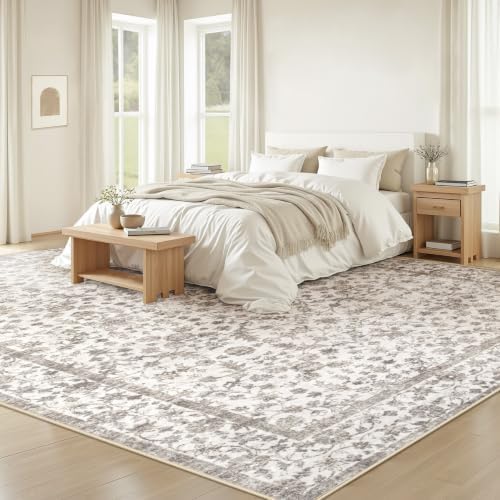 Living Room Rugs 9x12: Washable Moroccan Geometric Boho Rug Farmhouse Non Slip Stain Resistant Large Rug Low Pile Soft Carpet for Bedroom Dining Room Children Room (Grey Floral,9'x12')