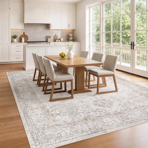 10x14 Washable Area Rugs for Bedroom Beige Brown Non-Slip Rug