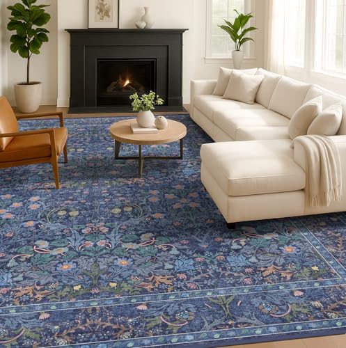 Washable Dark Blue Rug for Living Room - 10x14 Large Area Rug for Dining Room Under Table, Bedroom, Soft Low Pile Non-Slip Stain Resistant Carpet - Vintage Navy Floral Design