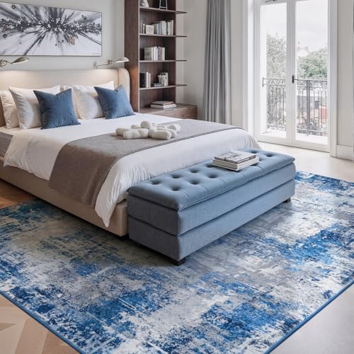 Rugflix 8x10 Area Rugs for Living Room, Washable Blue Grey Large Rug