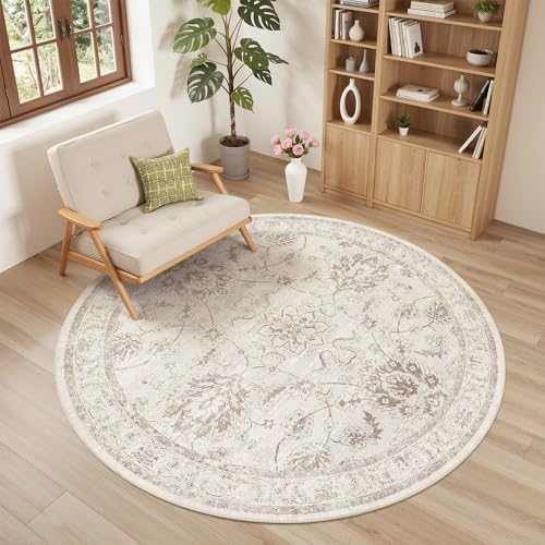 Madane Washable Round Rug 5ft for Living Room,Soft Neutral Rug Brown/Ivory