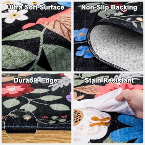 PLHXFR Area Rug 10x14 Living Room: Floral Washable Boho Soft Carpet Black