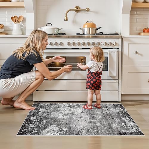2x4 Washable Runner Rug – Non-Slip Small Throw Rug for Kitchen Floor, Bedroom, Entryway, Bathroom, Bedside – Modern Abstract Neutral Low-Pile Thin Indoor Door Mat（Black Grey,2x4）