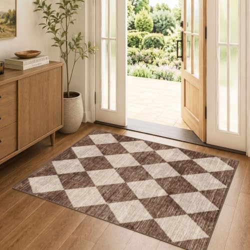 Brown Beige Checkered Entry Rug - 3x4 Non-Slip Washable Indoor Outdoor Front Door Mat Porch Rug Farmhouse Diamond Throw Carpet for Living Room Bedroom Entryway Kitchen Office Fall Porch Decor