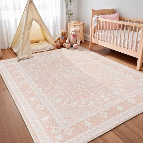 Lessymo Washable Area Rug 5 x 7 for Living Room, Soft Bedroom Rug, Pink