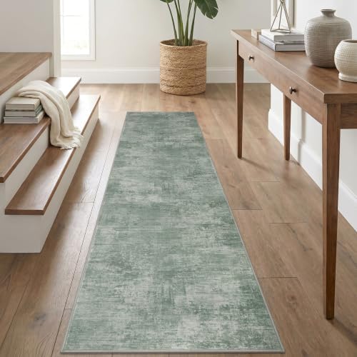 IOHOUZE Abstract Runner Rug 2x8 Ft Washable Runners for Hallways, Non Slip Kitchen Runner Printed Faux Wool Entryway Runner Indoor, Modern Abstract Floor Carpet for Hall Kitchen Bedroom, Sage Green
