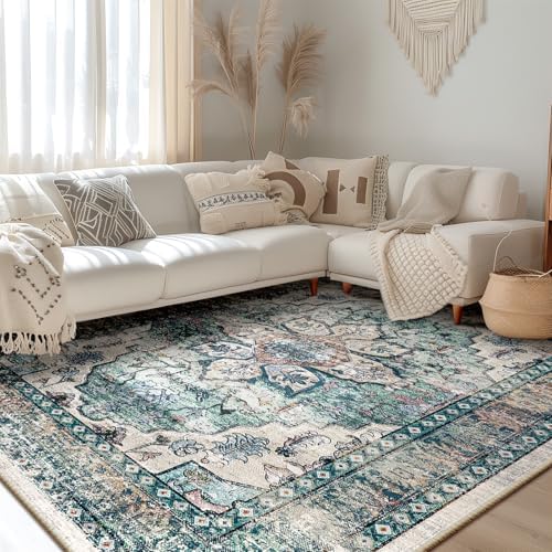 BESTSWEETIE Washable Boho 9x12 Area Rug, No Pile for Living Room, Green