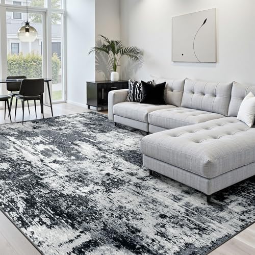 RELEANY Washable 7'x9' Abstract Area Rug for Living Room Black White