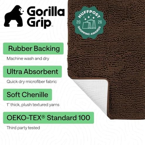 GORILLA GRIP Bath Rug Mat for Bathroom, Absorbent Chenille, 36x24 Brown