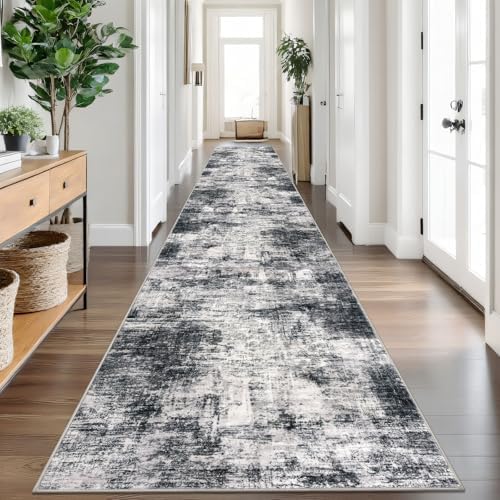 IOHOUZE Abstract Runner Rug 3x18 Ft Extra Long Washable Runners for Hallways, Non Slip Kitchen Runner Printed Faux Wool Entryway Runner Indoor, Modern Abstract Floor Carpet for Hall Stair, Black Grey
