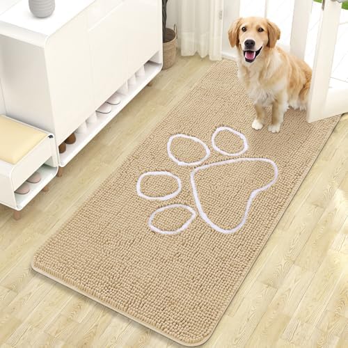 OLANLY Dog Door Mat for Muddy Paws 47x24, Paw Print Design Chenille Mud Mat